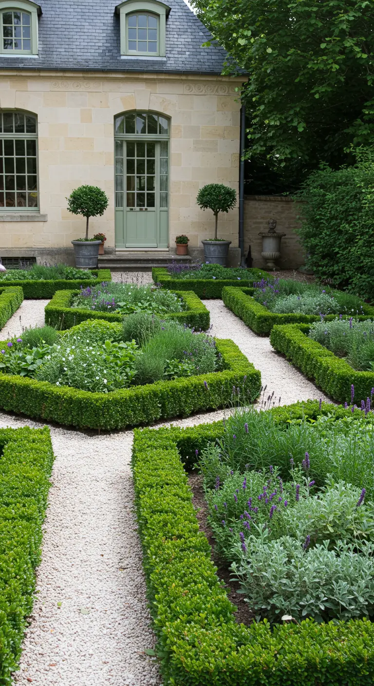 Jardín formal de estilo francés con setos de boj recortados y parterres geométricos llenos de lavanda.
