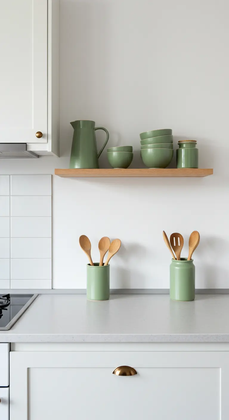 Un solo estante de madera clara con vajilla de cerámica verde olivo a juego con utensilios