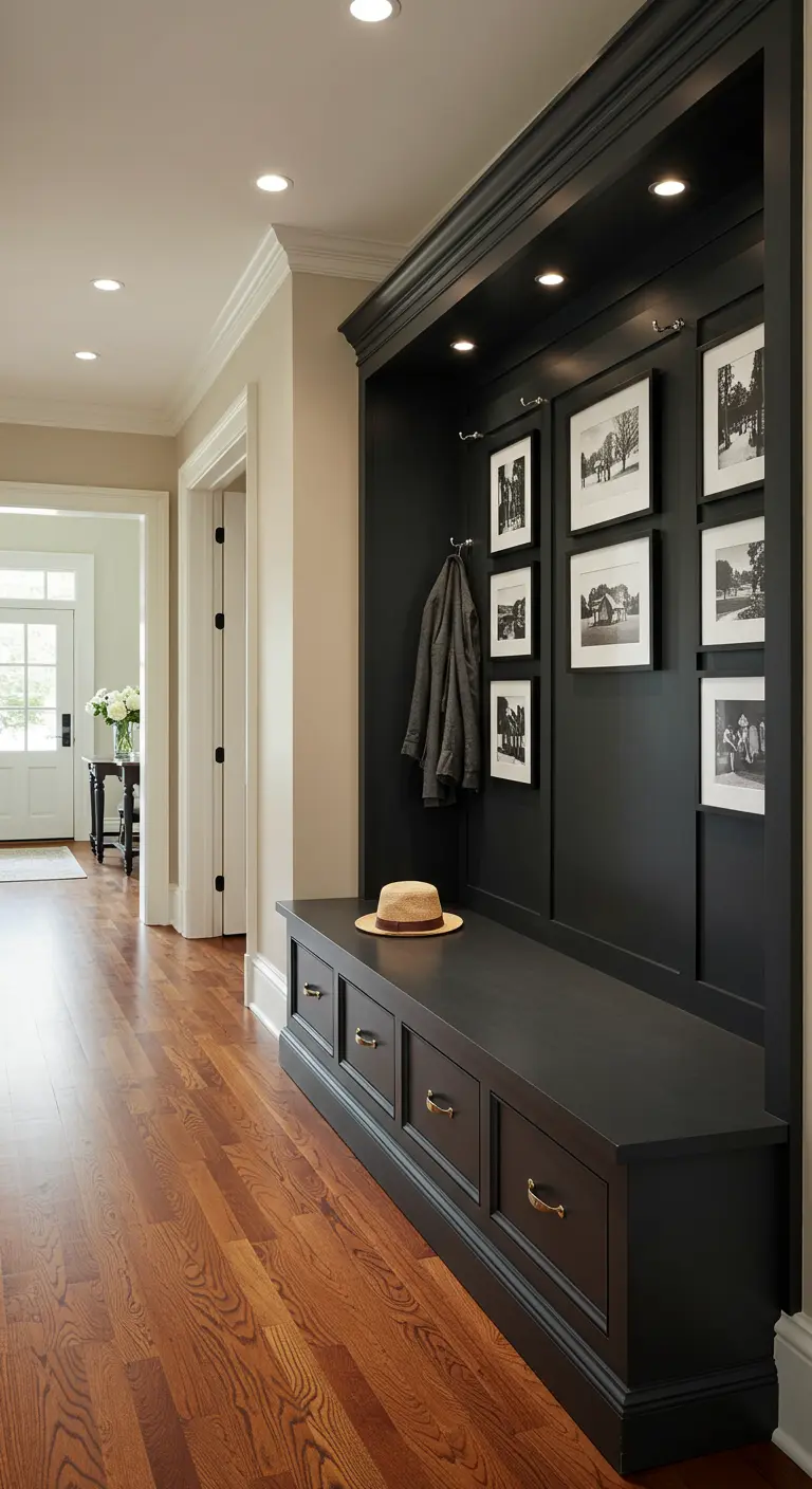 Banco de entrada negro con cajones y ganchos para abrigos, decorado con fotografías enmarcadas.