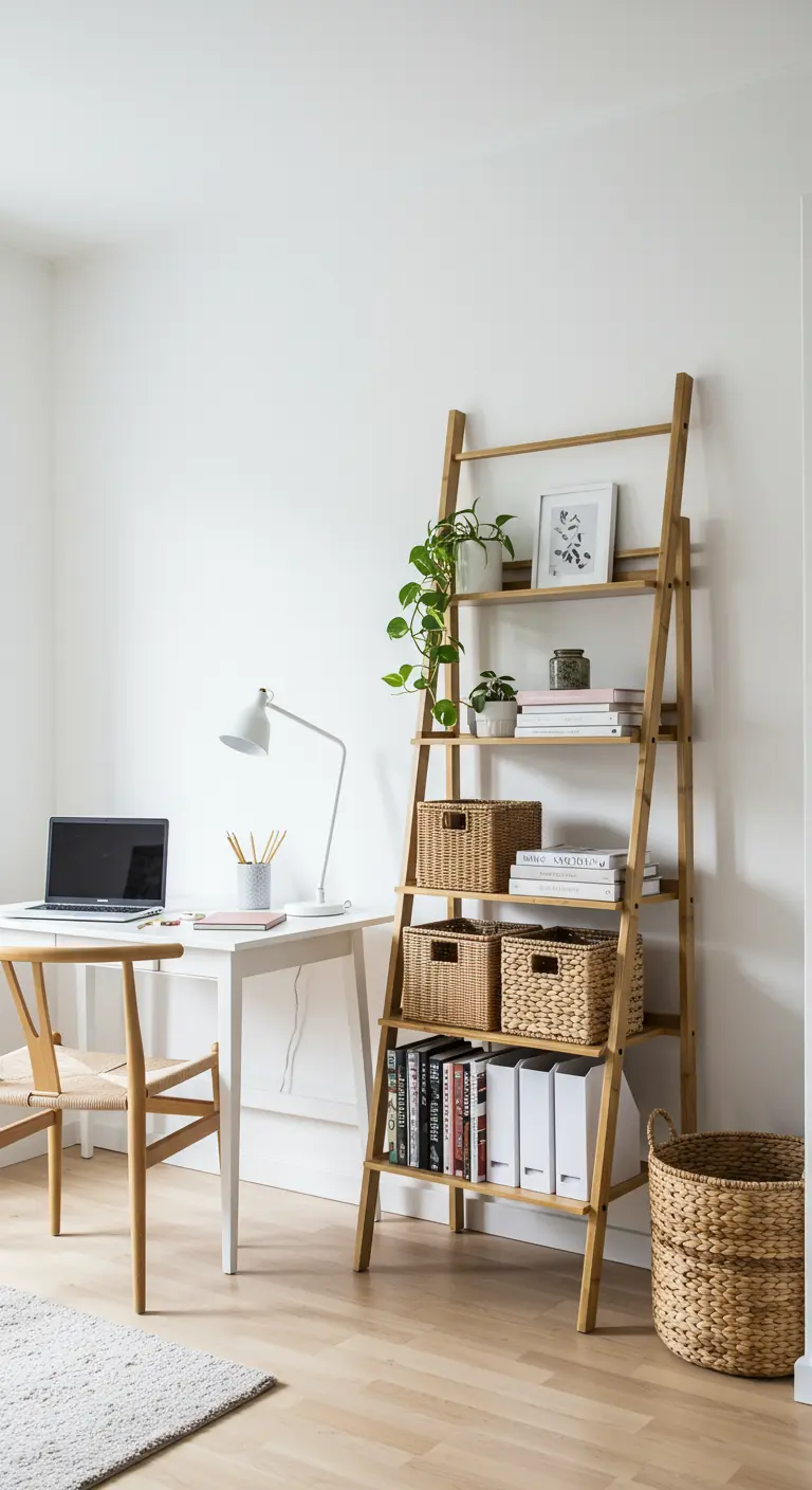 Rincón de trabajo blanco y madera con una estantería en forma de escalera y cestas de mimbre.