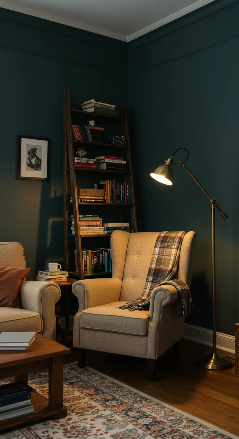 Rincón de lectura acogedor con una estantería en forma de escalera de madera y un sillón.