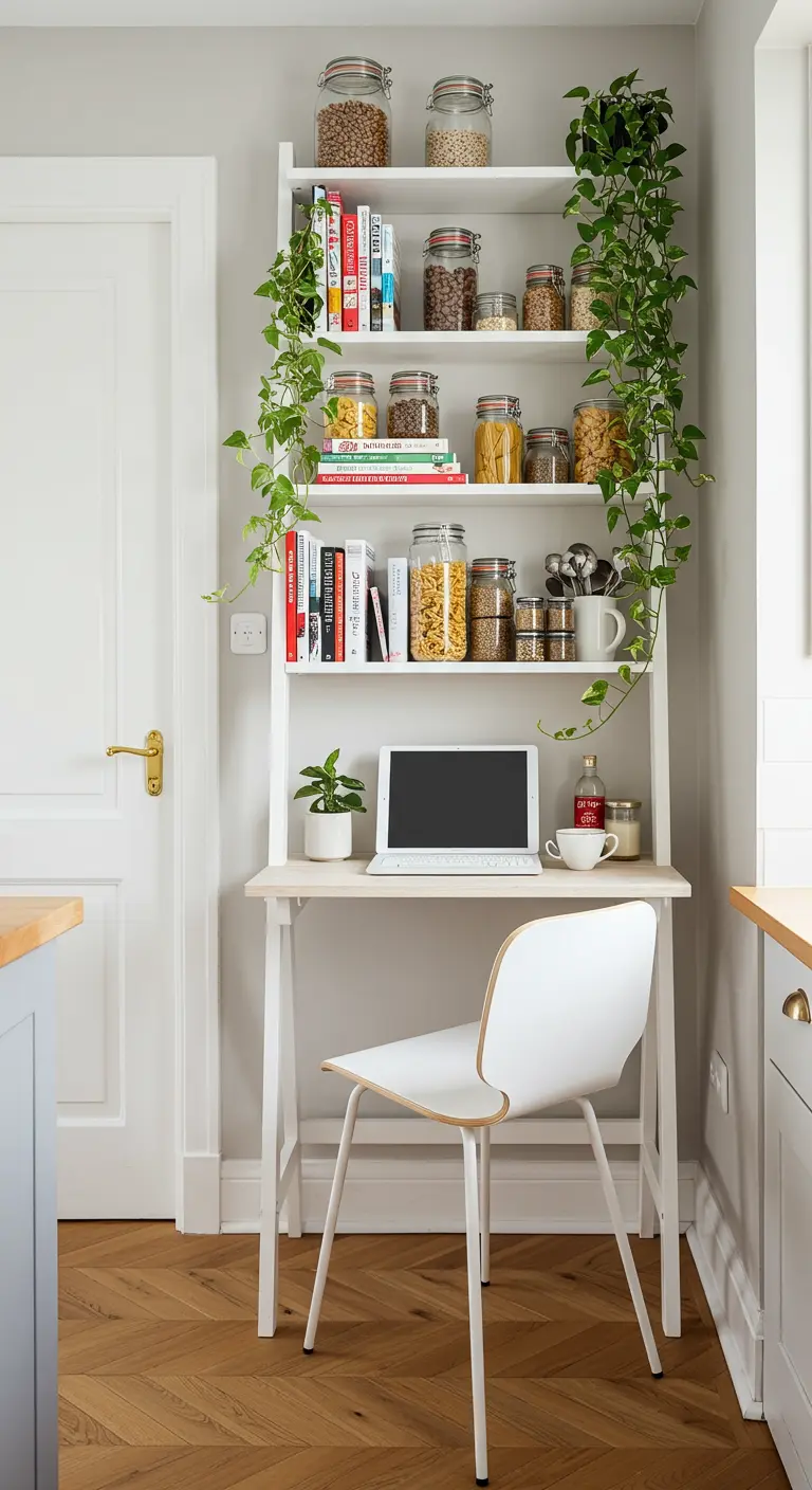 Escritorio blanco en forma de escalera con plantas y tarros de almacenaje en una cocina