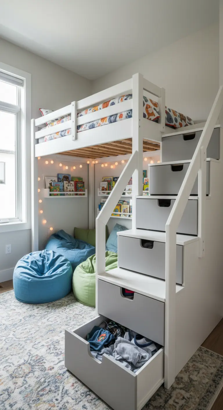 Litera infantil blanca con una escalera cuyos escalones son cajones de almacenamiento.