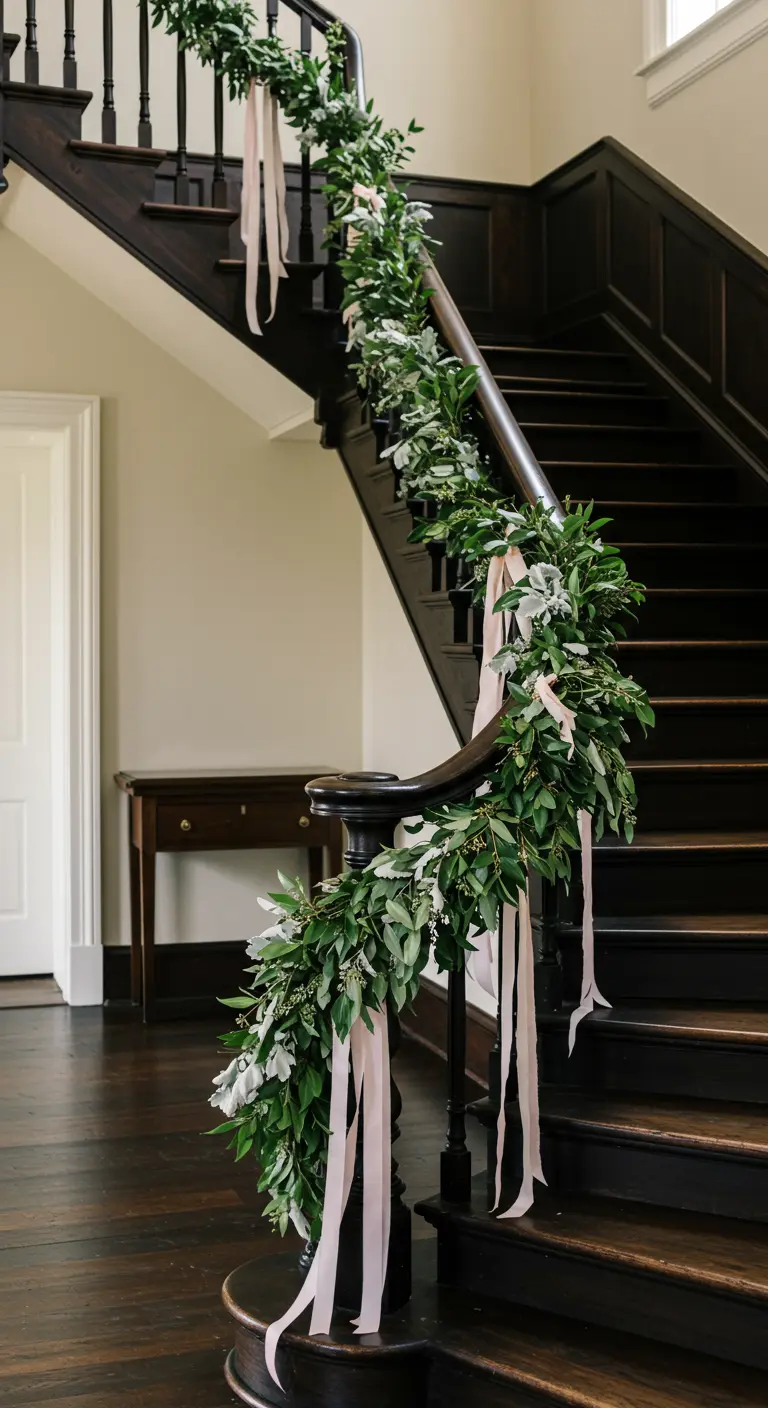 Barandilla de una escalera de madera oscura envuelta en una frondosa guirnalda verde y cintas rosas.