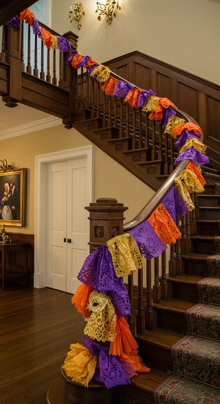 Barandilla de una escalera de madera decorada con una guirnalda gruesa de papel picado.