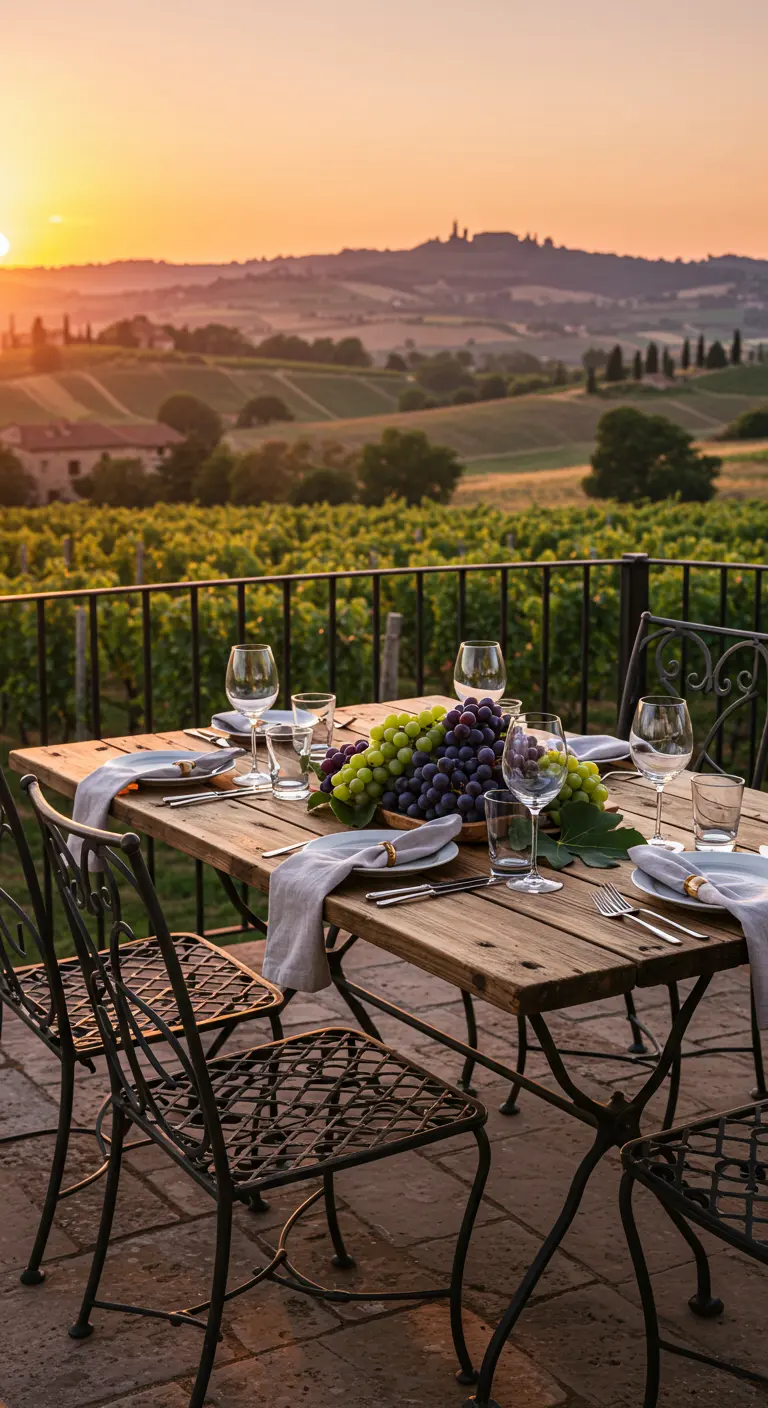 Mesa en una terraza con vistas a un viñedo y un cuenco de uvas como centro de mesa.