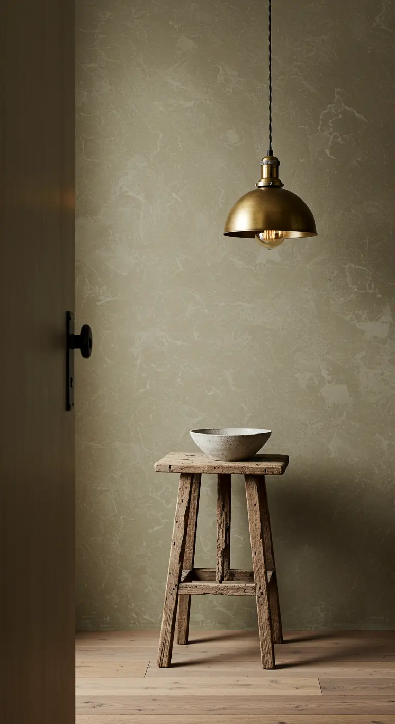 Rincón rústico con pared verde, taburete de madera y lámpara industrial dorada.