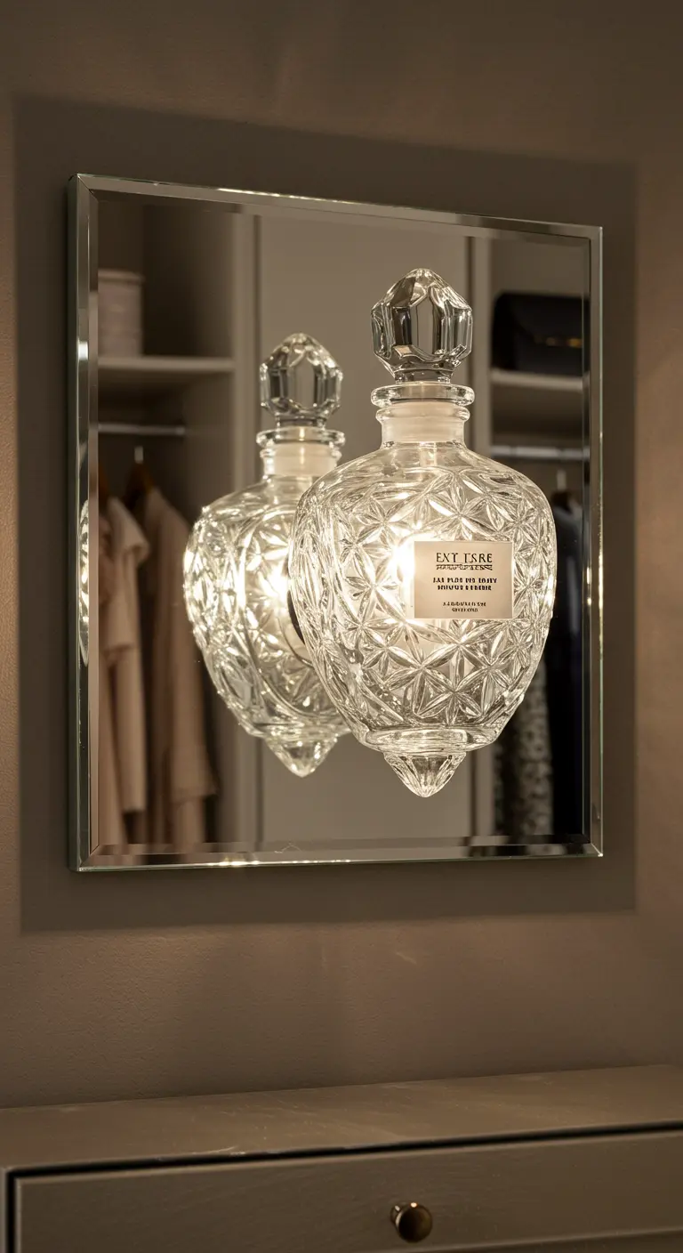 Aplique de pared DIY hecho con un frasco de perfume de cristal tallado pegado a un espejo.
