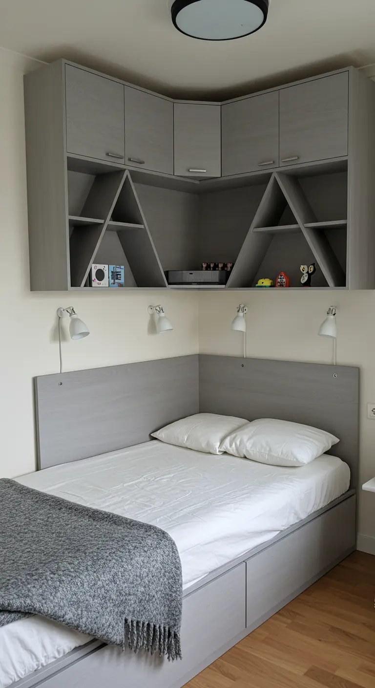 Cama en una esquina con cabecero y armarios superiores en L de color gris
