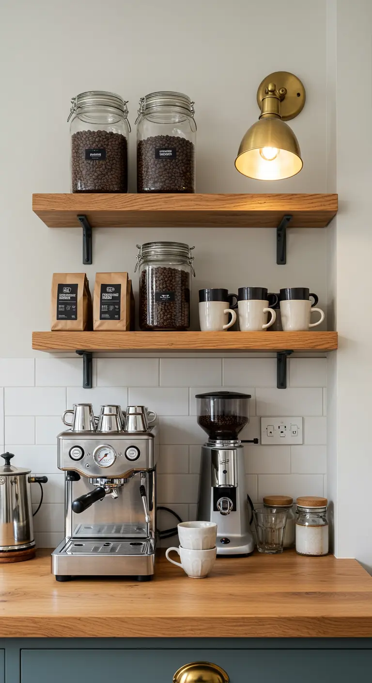 Rincón de café con estantes de madera, máquina de espresso, y granos de café en frascos de vidrio