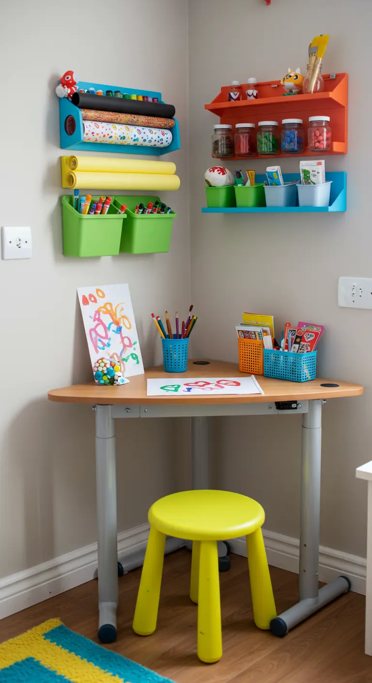 Escritorio de esquina para niños con organizadores de pared de colores vivos para material de arte.