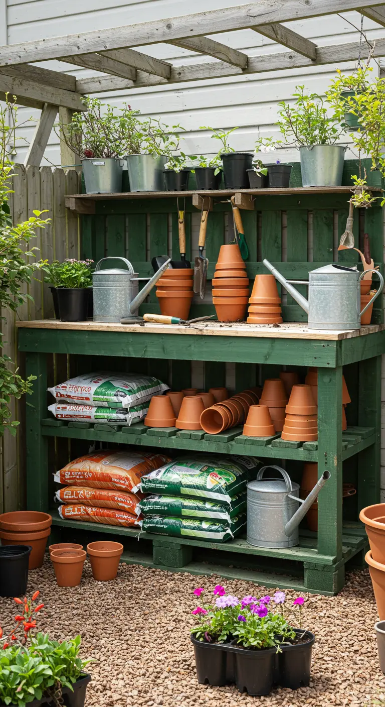 Mesa de trabajo para jardinería hecha de palets y pintada de verde oscuro, con herramientas y macetas.