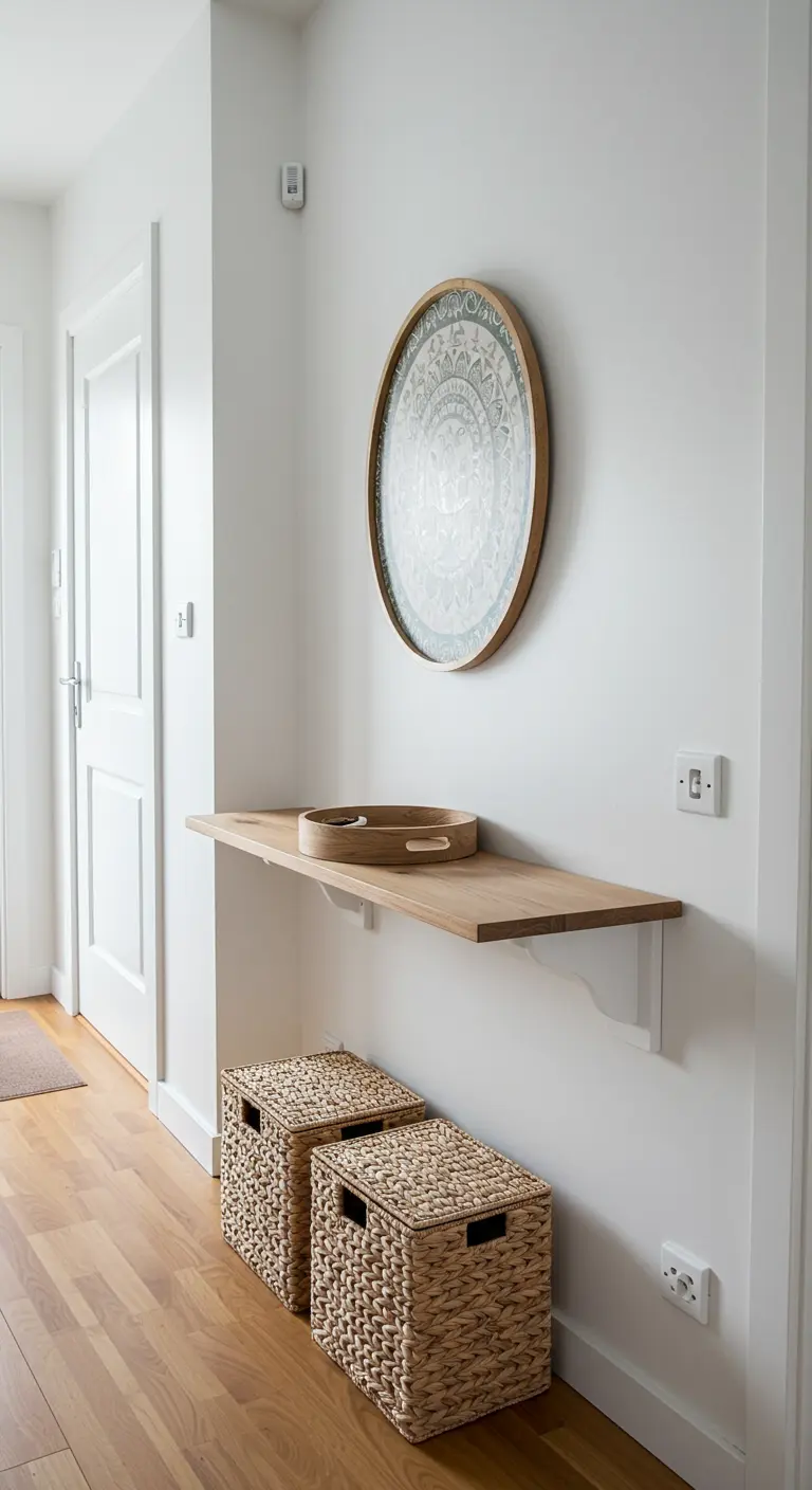 Estante flotante de madera de palet con dos cestas de mimbre debajo en un pasillo.
