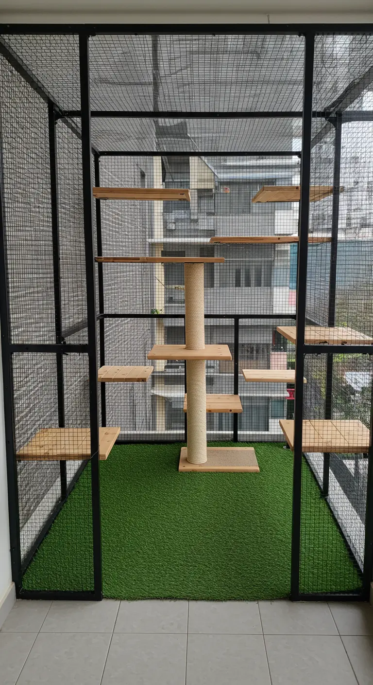 Estructura de metal y malla que cierra un balcón, con estanterías de madera y un rascador para gatos