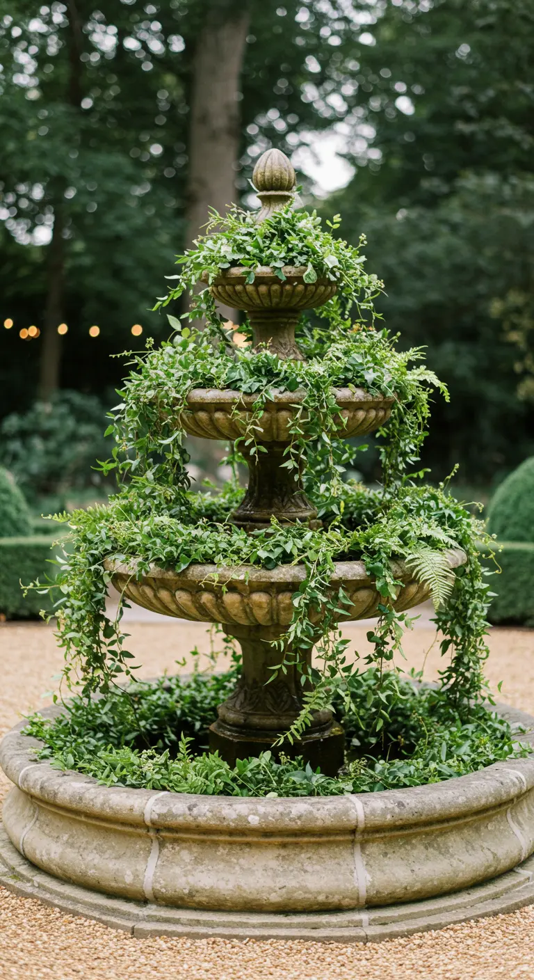 Fuente de piedra de tres niveles completamente cubierta de enredaderas y hojas verdes.