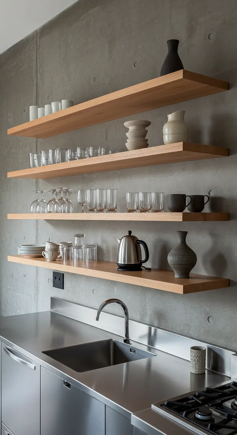 Largos estantes de madera sobre una encimera de acero inoxidable y una pared de hormigón pulido