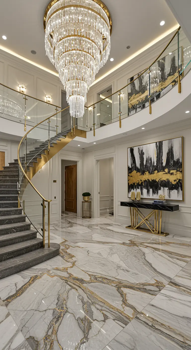 Recibidor de doble altura con una gran lámpara de araña dorada y suelo de mármol veteado.