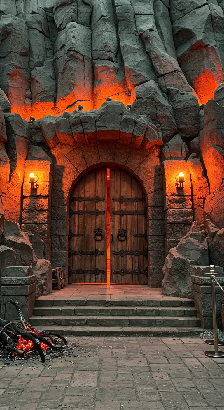 Entrada de piedra tipo castillo con puertas de madera y una iluminación naranja intensa que simula fuego.