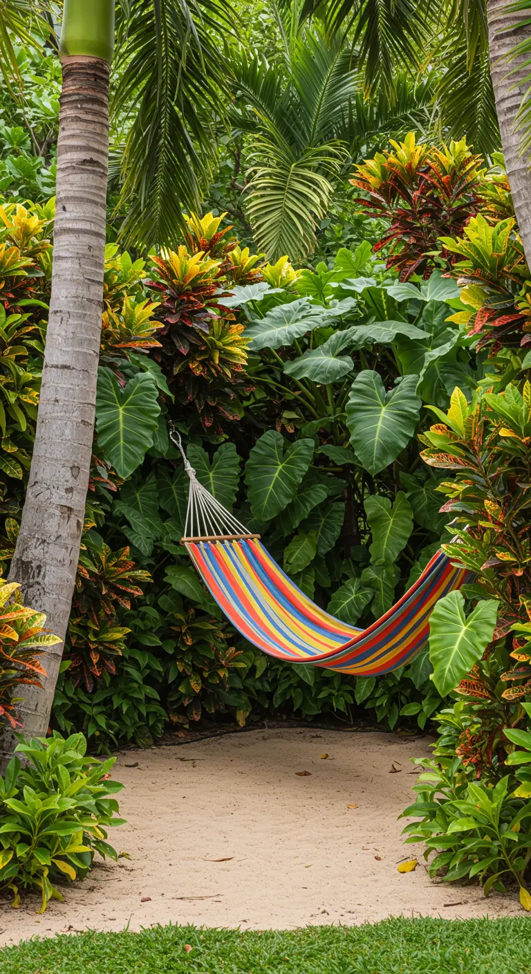Hamaca de rayas de colores colgada entre dos árboles en un rincón de arena, rodeada de plantas tropicales.