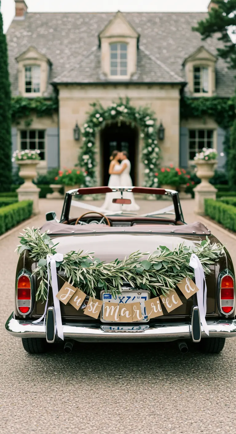 Parte trasera de un coche de boda descapotable con un cartel de 'Just Married' y una guirnalda.