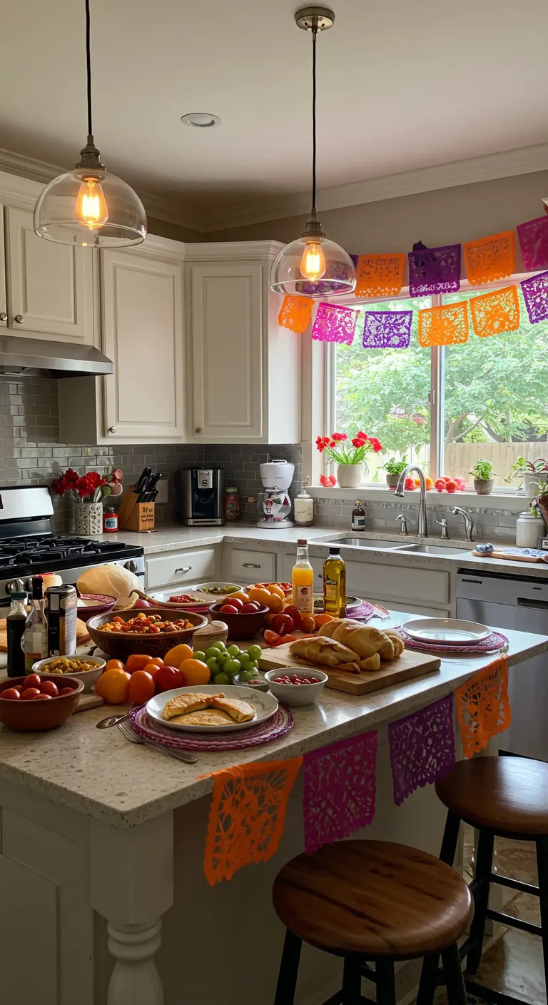 Isla de cocina decorada con papel picado y cargada de comida para una fiesta.