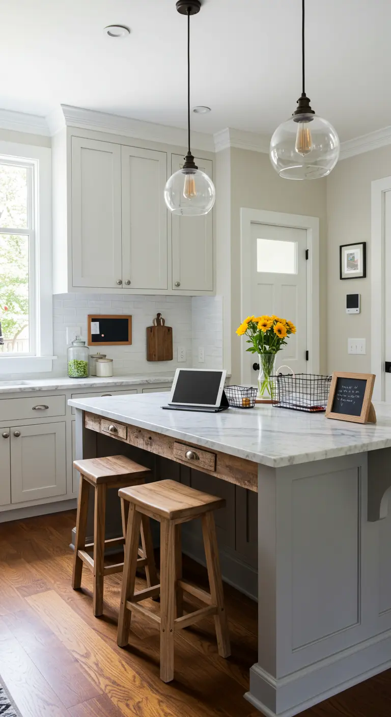 Isla de cocina de mármol y madera utilizada como espacio de trabajo funcional