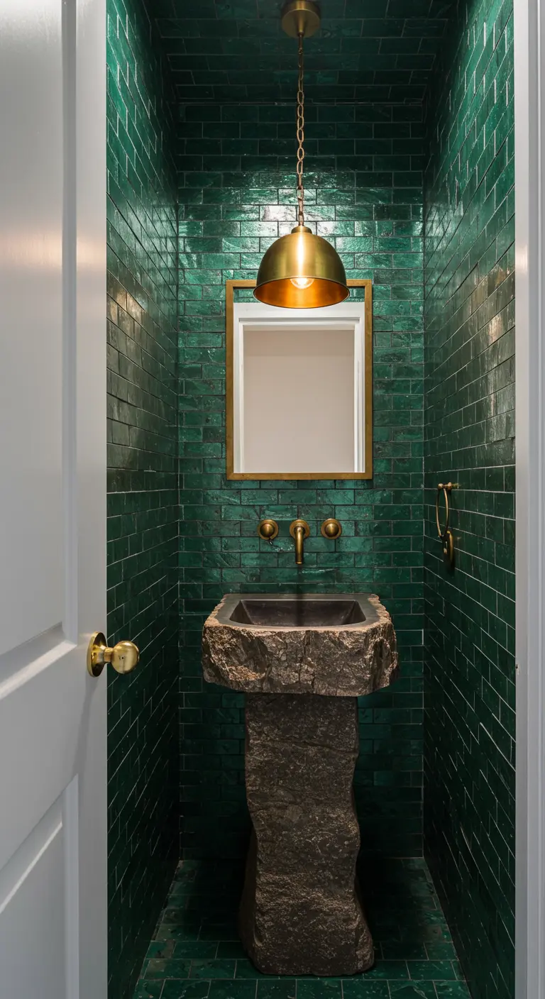 Aseo pequeño con azulejos verdes brillantes, lavabo de pedestal de piedra y detalles en latón.