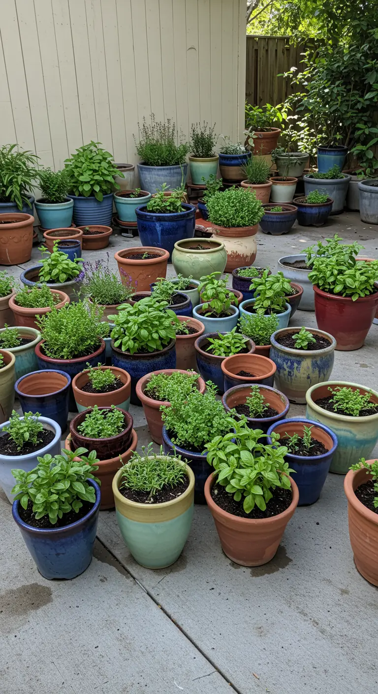 Un patio de cemento completamente lleno de docenas de macetas de diferentes tamaños y estilos con hierbas.