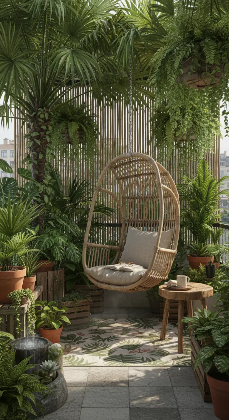 Sillón de ratán en un balcón exuberante, lleno de palmeras y plantas tropicales