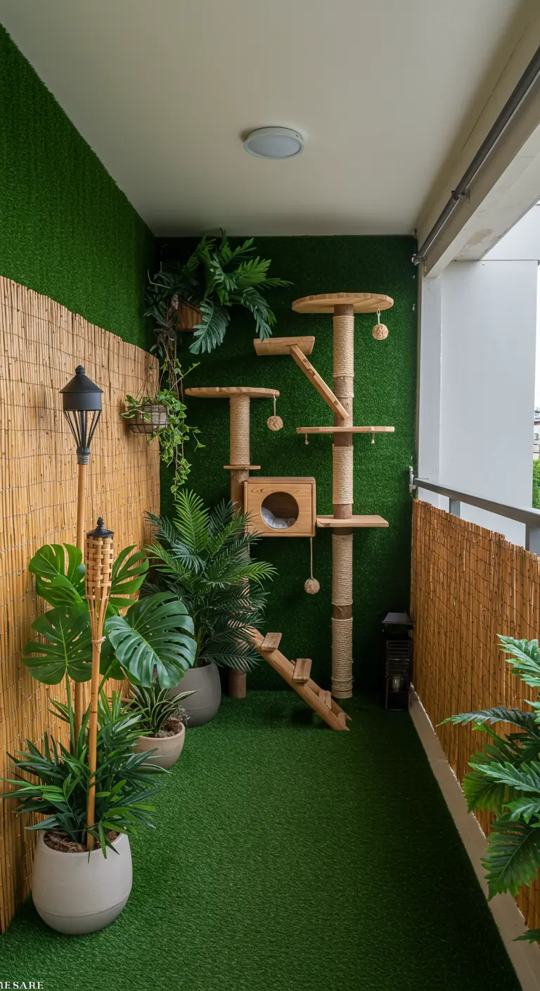 Balcón estrecho transformado en una jungla para gatos con césped en suelo y pared, y un gran rascador
