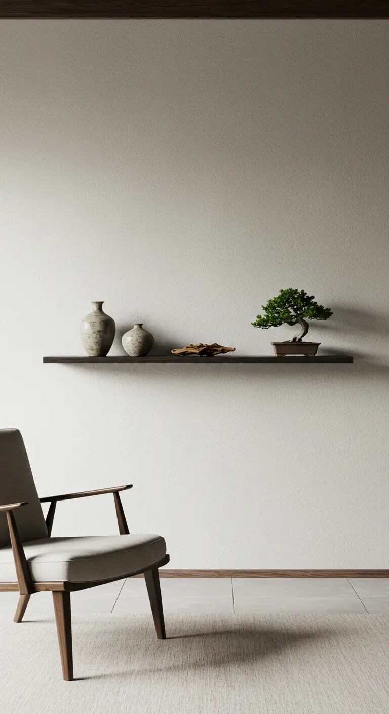 Una única estantería flotante oscura con un bonsái y dos jarrones sobre una pared blanca.