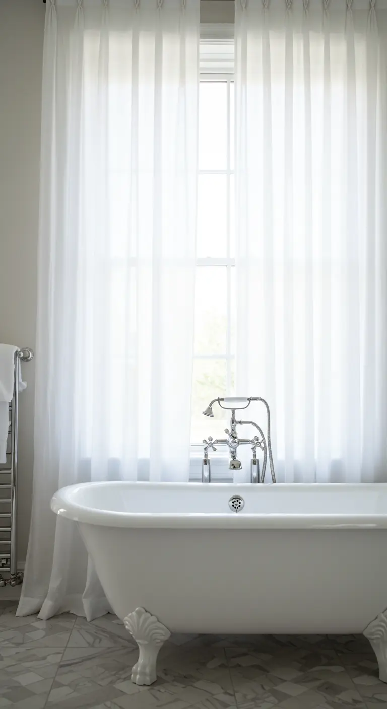 Bañera exenta con patas colocada frente a una ventana cubierta con cortinas blancas vaporosas.