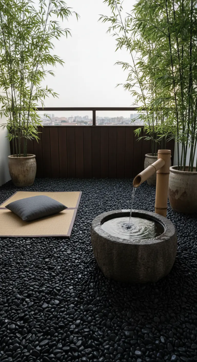Rincón de meditación en balcón con fuente de bambú, piedras negras y esterilla de tatami.