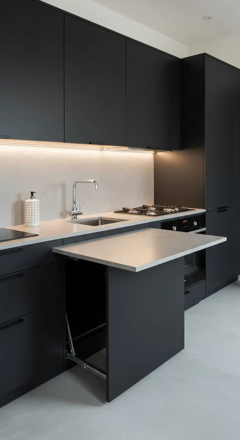 Mesa extraíble con encimera gris integrada en armarios de cocina negros y modernos.