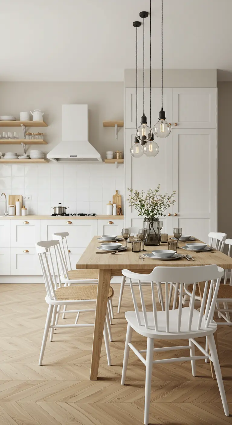 Comedor de cocina con mesa de madera, sillas blancas y lámparas de bombillas colgantes.