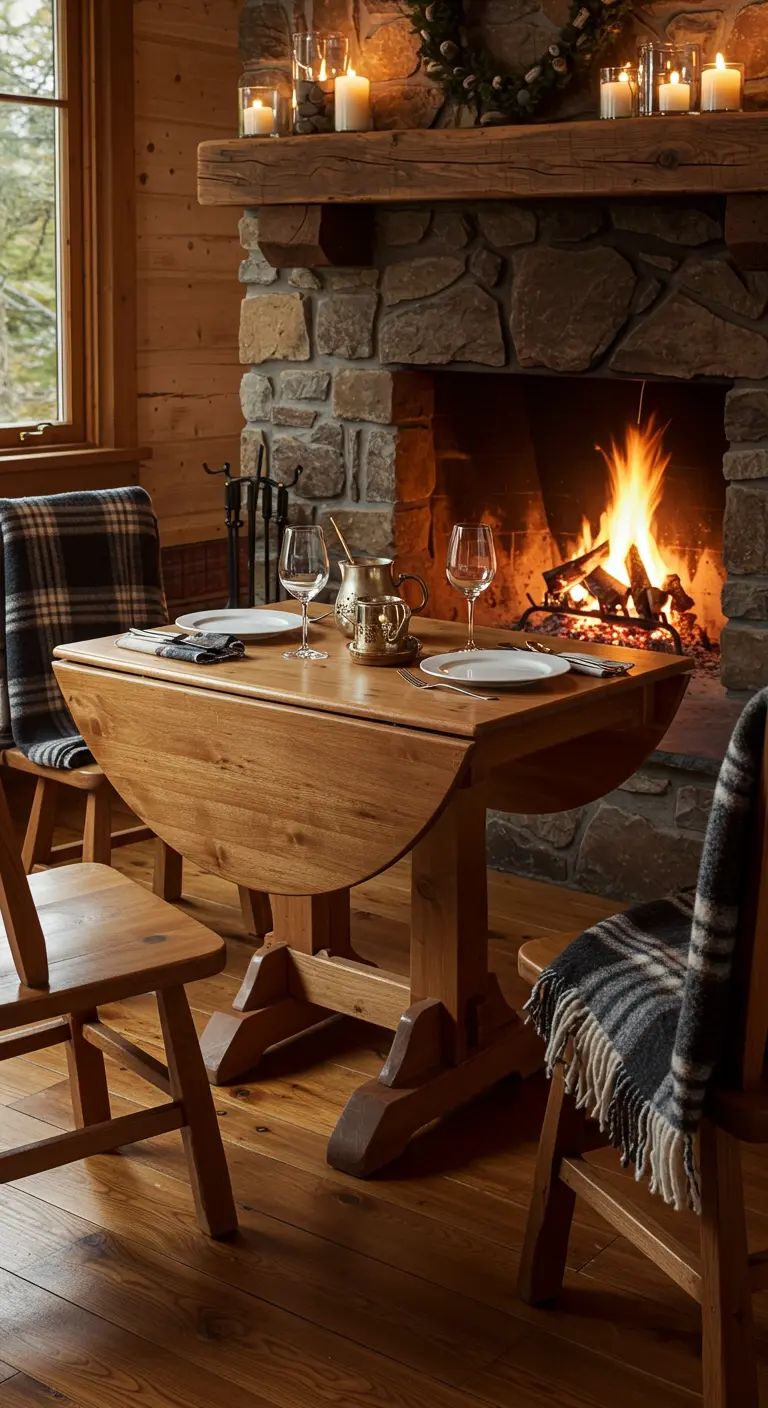 Mesa de madera con alas abatibles frente a una chimenea de piedra en una cabaña rústica.