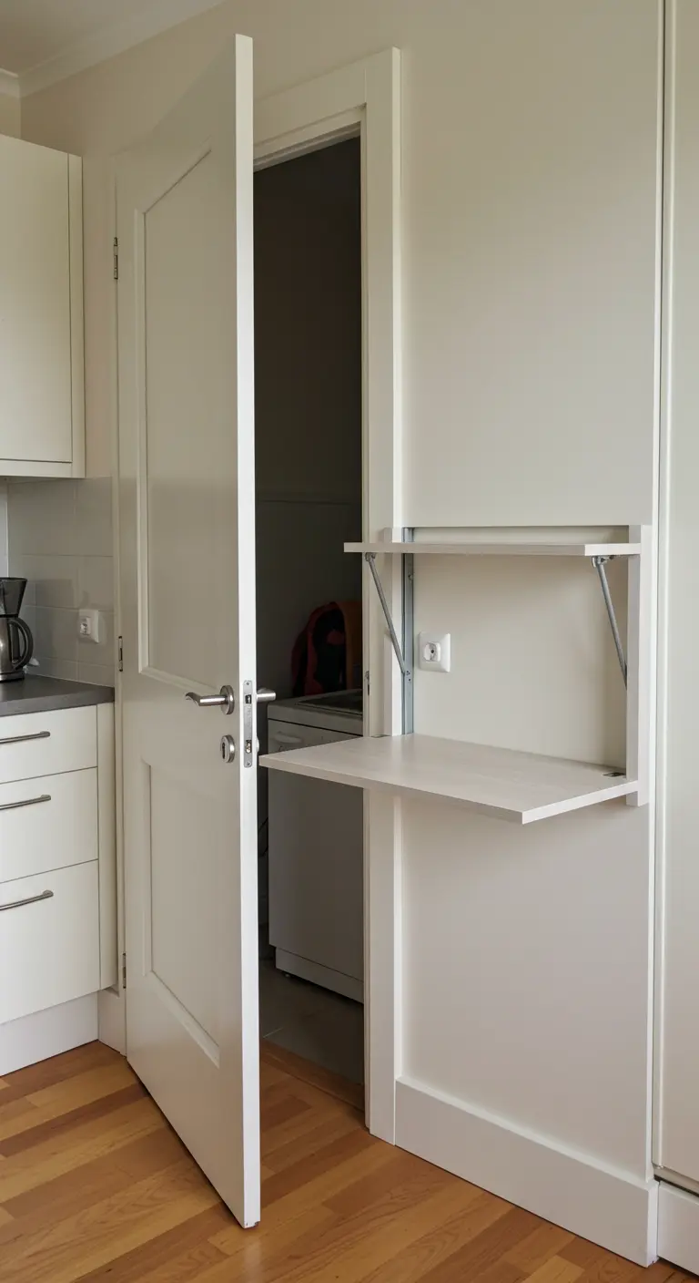 Pequeña mesa abatible blanca con un estante instalada en la pared junto a una puerta.