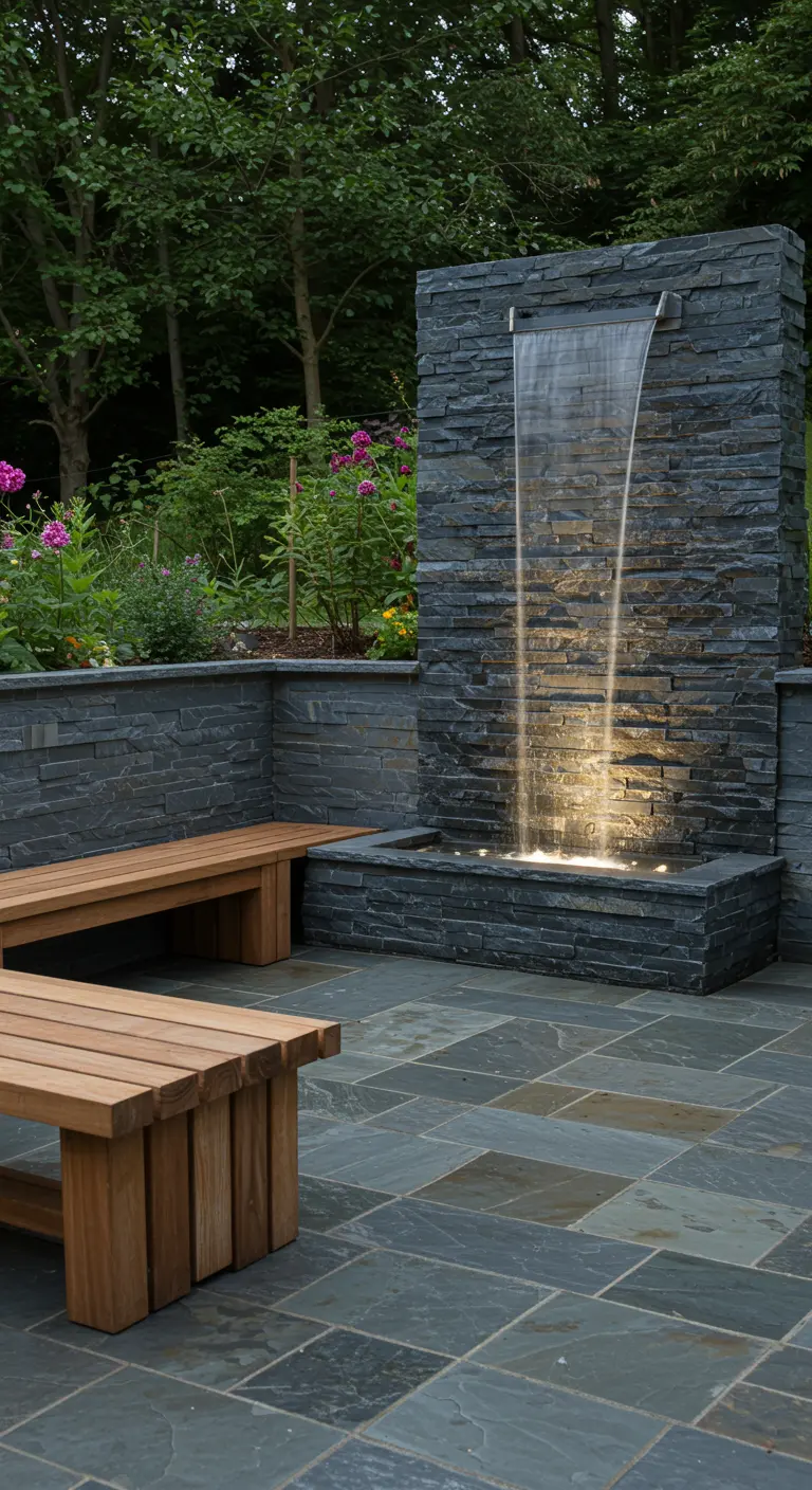 Patio moderno con una cascada de pared de pizarra iluminada y bancos de madera de teca.