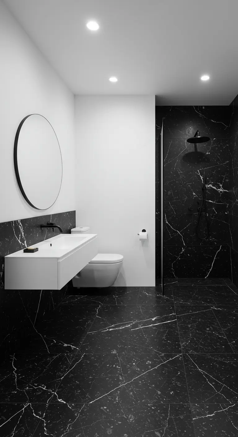 Baño minimalista con suelo y ducha de mármol negro con vetas blancas y sanitarios flotantes.
