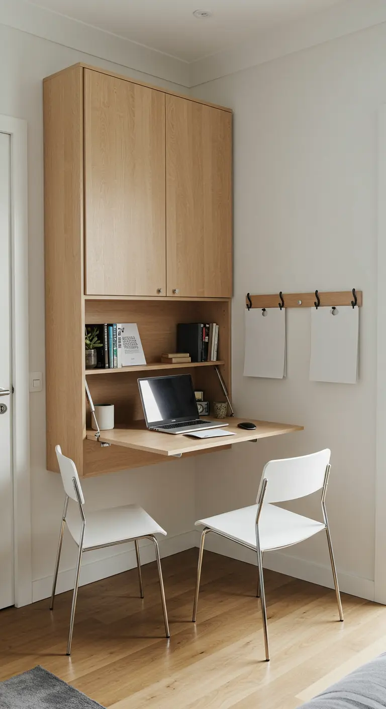 Mueble de oficina de pared en madera de roble con escritorio abatible y armarios superiores.