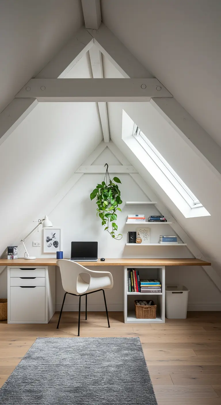Oficina en un ático blanco y luminoso, con escritorio largo de madera y estanterías bajo el techo inclinado.