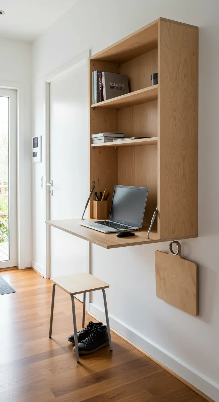 Escritorio de madera plegable montado en la pared de un pasillo, con estantes superiores.