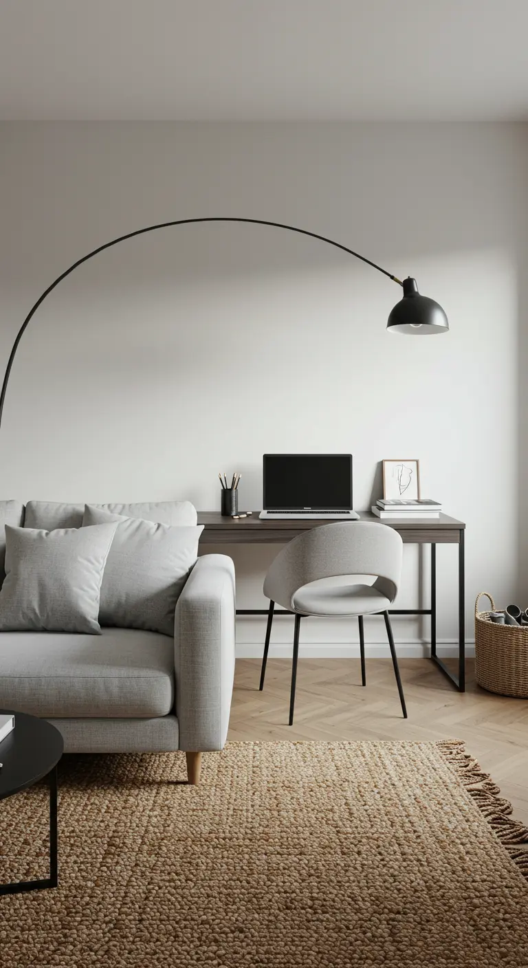 Zona de trabajo integrada en el salón con un escritorio fino y una lámpara de arco sobre el sofá.