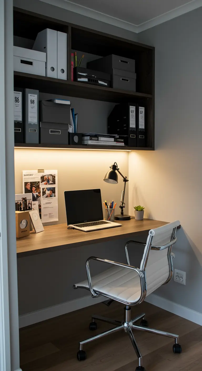Rincón de oficina en casa con escritorio y estanterías oscuras integradas.