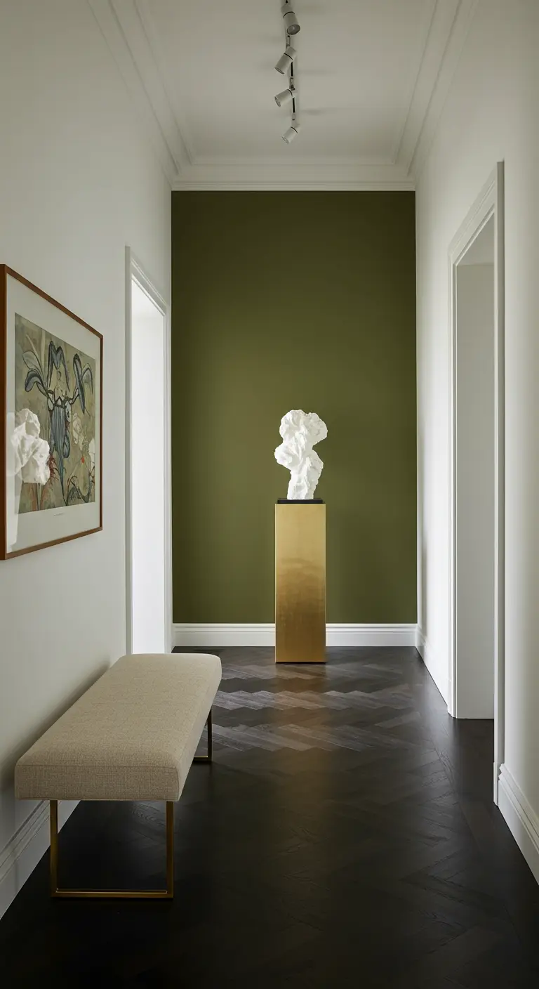 Pared de acento verde olivo con una escultura sobre un pedestal dorado.