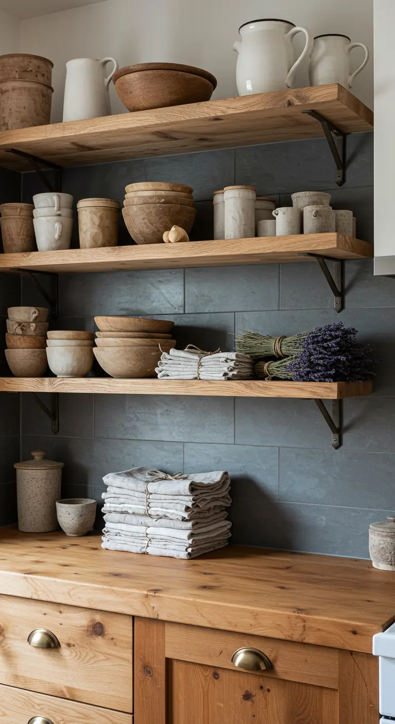 Estantes de madera rústica con cuencos de madera, textiles de lino y lavanda seca
