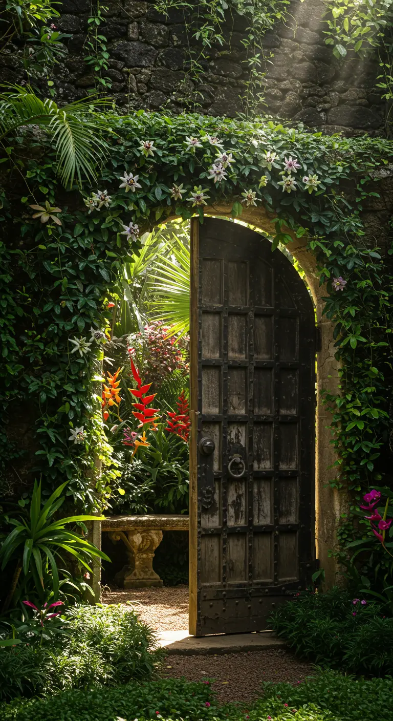 Antigua puerta de madera en un muro de piedra, enmarcada por enredaderas y flores, que se abre a un jardín.