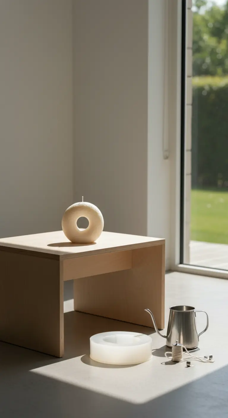 Vela casera de color blanco roto con forma de donut sobre una mesa baja de madera minimalista