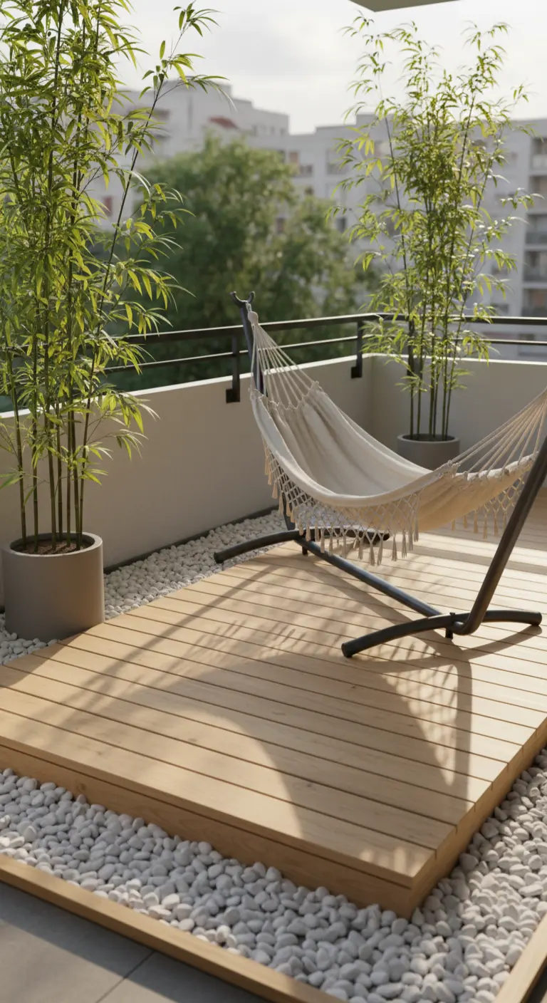 Balcón con hamaca sobre una tarima de madera, rodeada de piedras blancas y plantas de bambú.