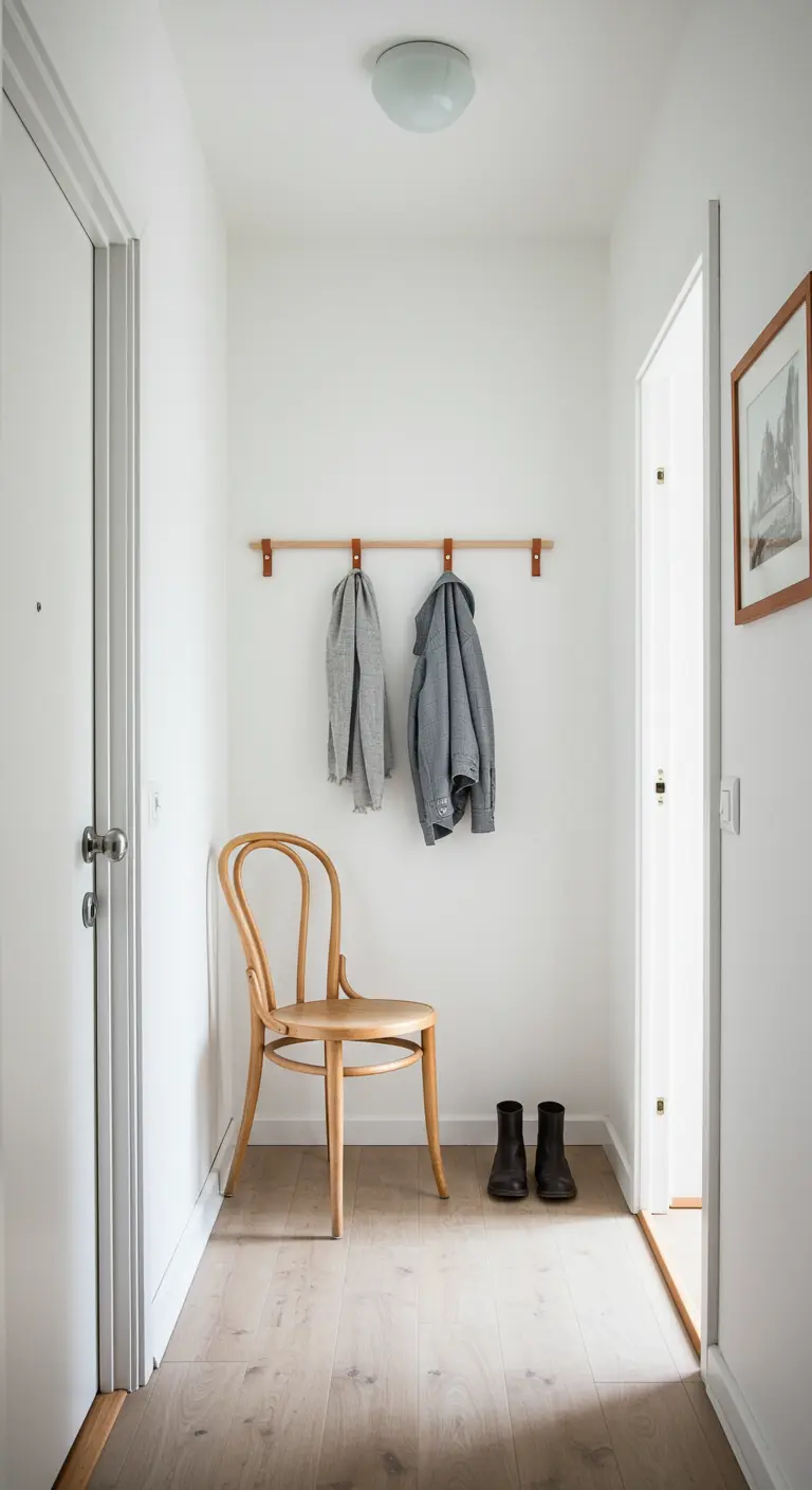 Perchero minimalista DIY con una barra de madera y tiras de cuero, junto a una silla Thonet.